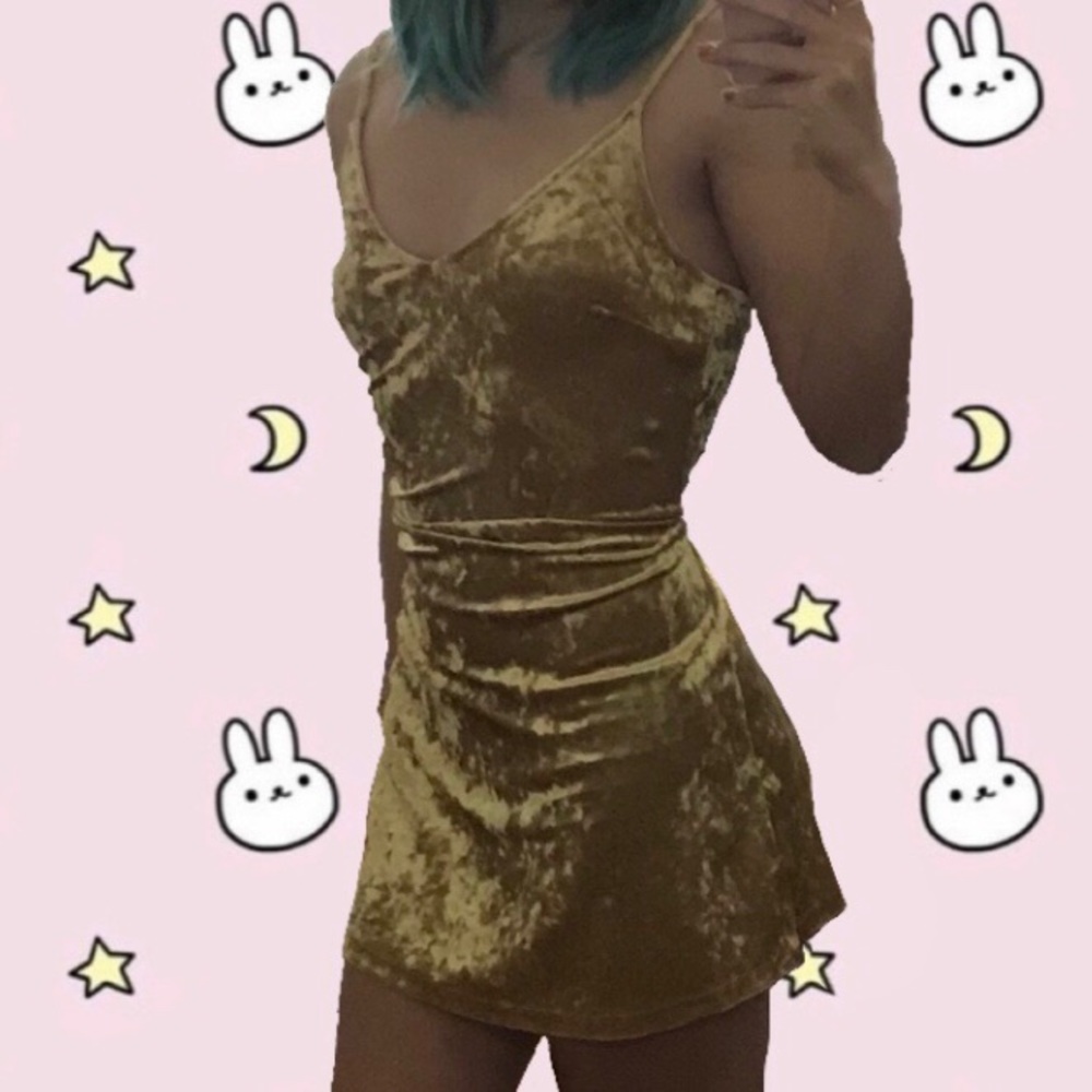 golden yellow crushed velvet mini dress
